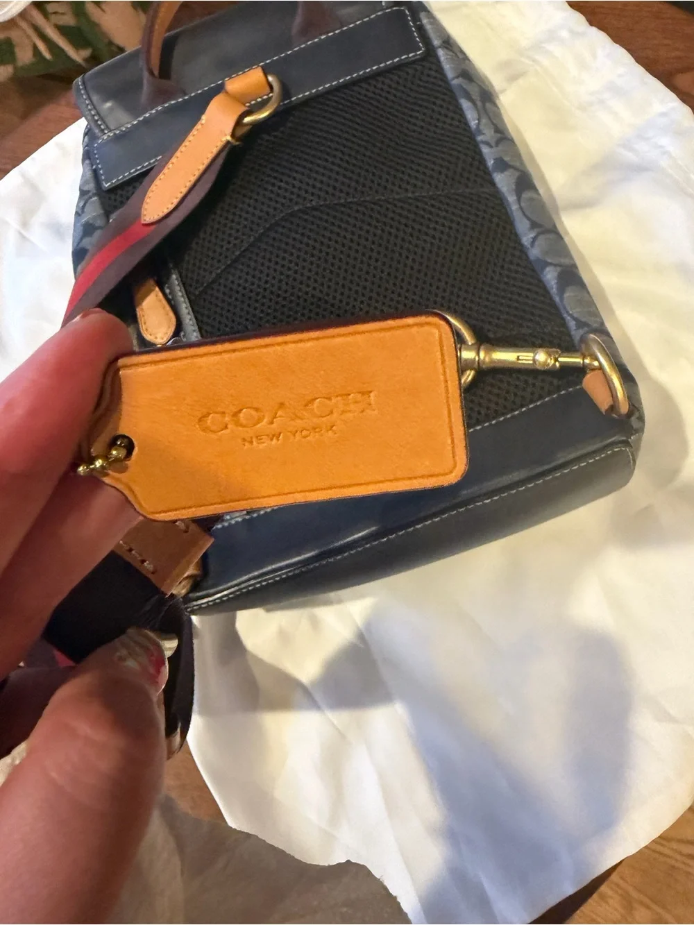 Coach Navy Signature Canvas and Leather Crossbody with Red-Trim Strap